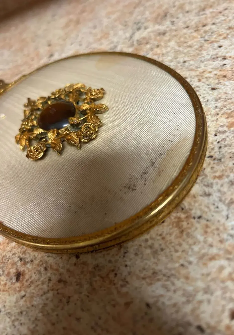 Vintage Ornate Gilt Bronze Hand Held Vanity Mirror Cream m Cabochon Stone